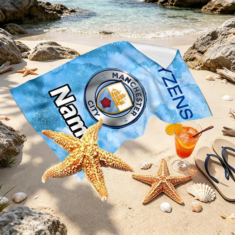 Kişiye Özel İsimli Manchester City FC Baskılı Plaj Havlusu, Gezi Kamp Plaj Partisi Ev Dekorasyonu İçin, Aile ve Arkadaşlar İçin Doğum Günü Hediyesi