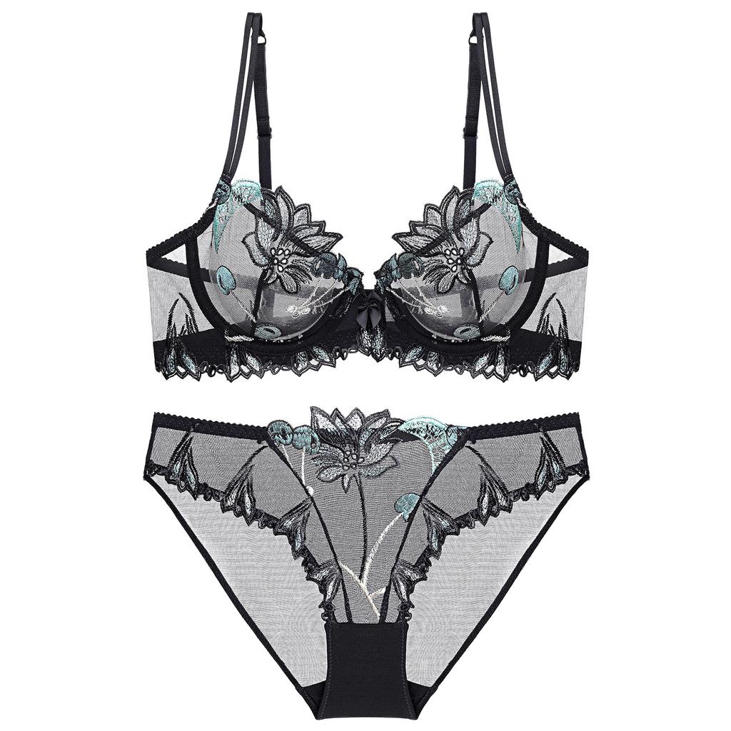 Summer Cherry Embroidery Bra Large Size Transparent Mesh Temptation Underwear Ultra-thin Sexy Ladies Bra Set