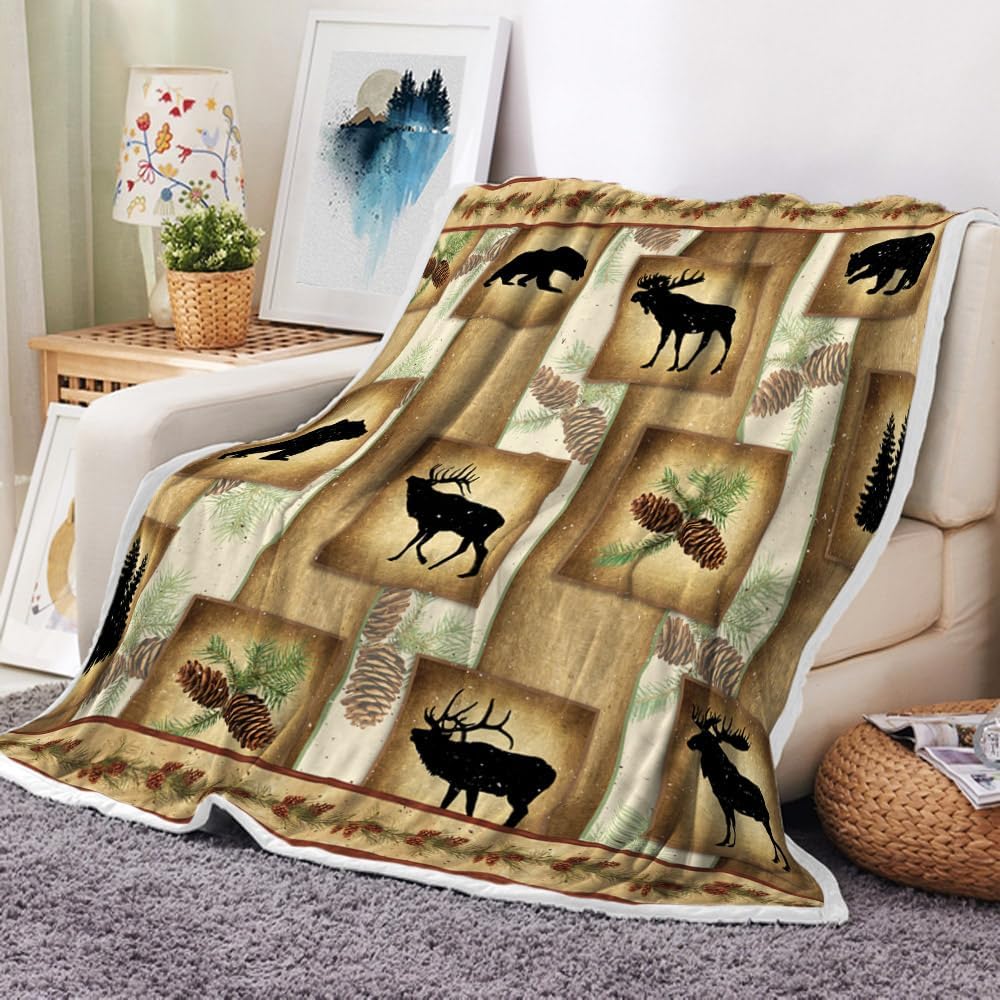 Bear Throw Blanket, Cabin Deer Art Forest Vintage Cozy Warm Super Soft Flannel Blankets for Couch Sofa Bed, Fleece Camping Blanket for Camper Outdoor