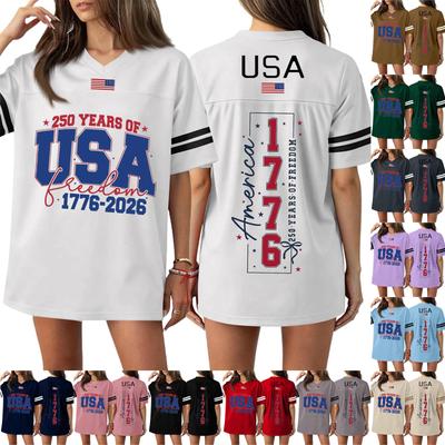 Damen Casual Mode V-Ausschnitt Sport Unabhängigkeitstag Druck Kurzarm Sport T-Shirt Top