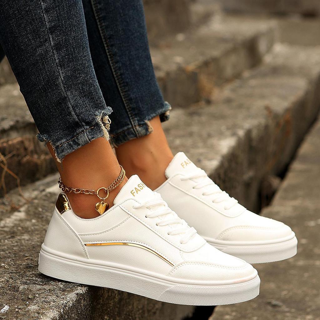 Women's Plus Size Sports Shoes Thick Flat Sole Solid Color Casual Single Shoes Front Lace Up PU Board Sneaker Shoes 36-43