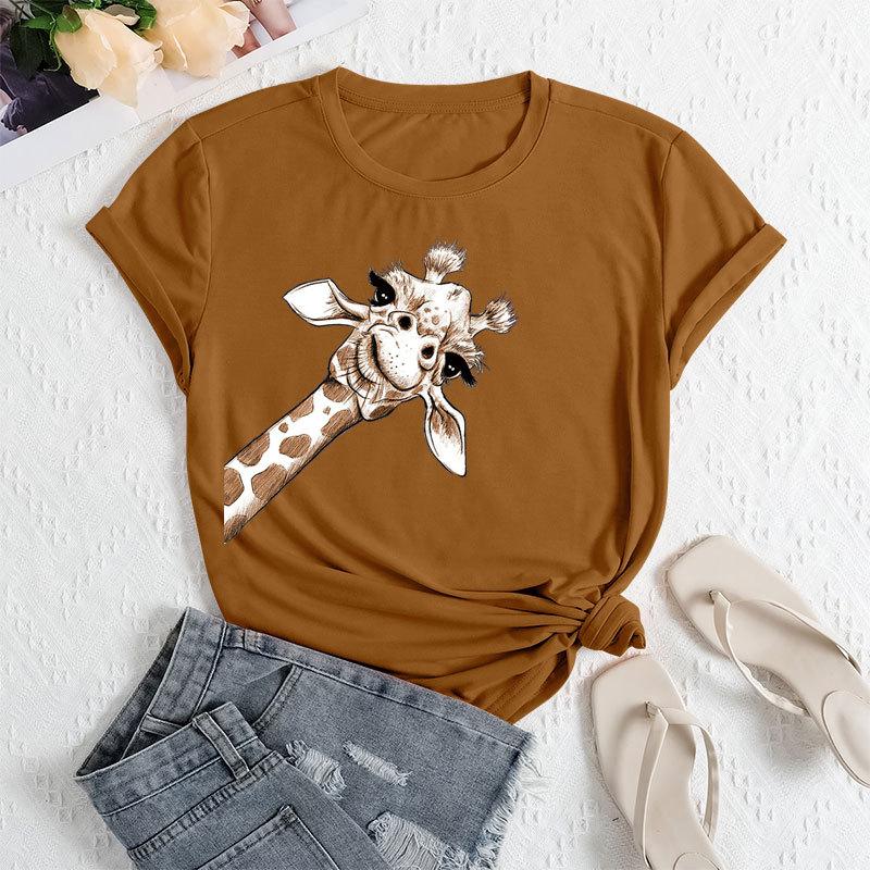 Summer Women's Plus Size Giraffe Print Loose Round Neck Casual Pure Cotton Short Sleeved T-shirts Women's