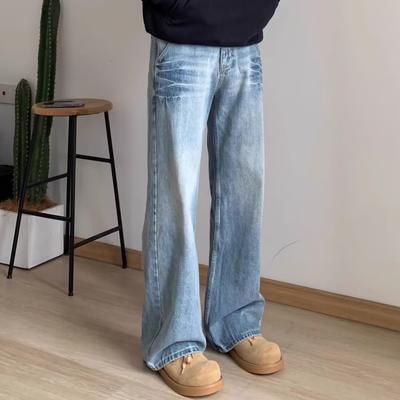 High Street Jeanshose für Männer, Retro Distressed, Lockere Hose mit geradem Bein, Sporthose mit weitem Bein, trendy
