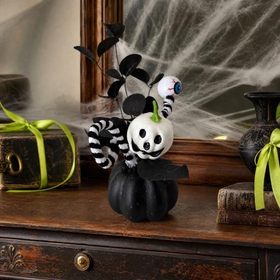 Halloween Spooky Pumpkin Decoration, Eyeball Pumpkin Figurine with Black Artificial Leaves, Holiday Party Ornament for Home, Office, Haunted House