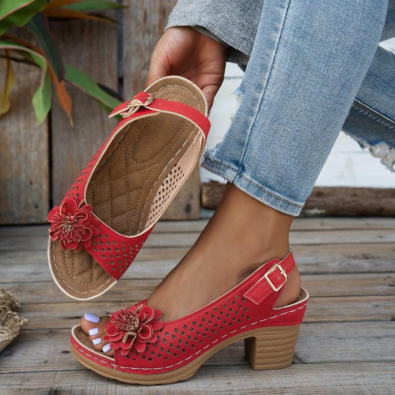 New Summer Women's Floral High Heel Sandals Buckle-Strap Slides