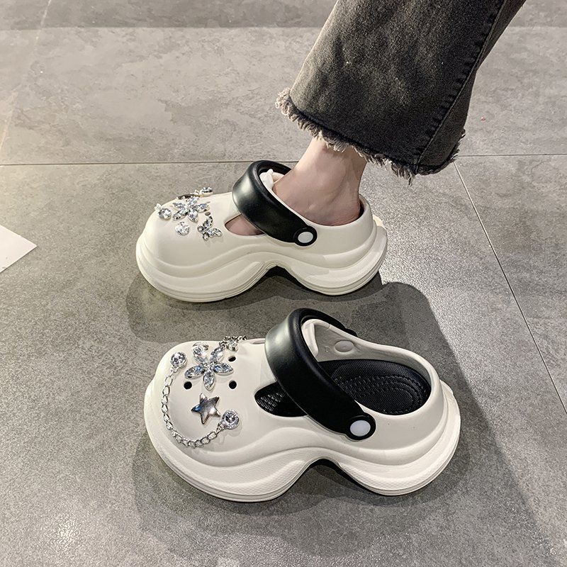 Heightened Thick-soled Non-slip High-end Fashion Hole Shoes 2025 Summer Wear Rhinestone Bag Head Women Cool Slippers Women