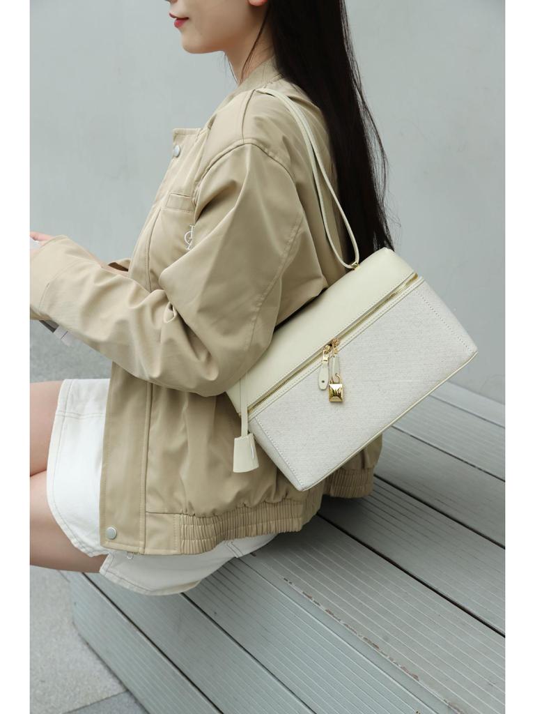 Niche High-End LP27 Women's Luxury Cowhide and Canvas Leather Shoulder Makeup Bag with Large Capacity.