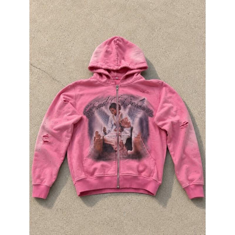 Gradient Rhinestone Angel Oil Painting Zip Up Hoodie Distressed Washed Black Loose Streetwear Men Women