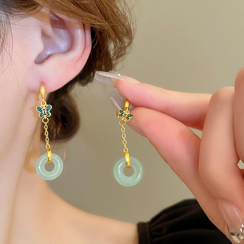 Elegant Hanfu Geometric Butterfly Jade Earrings for Women