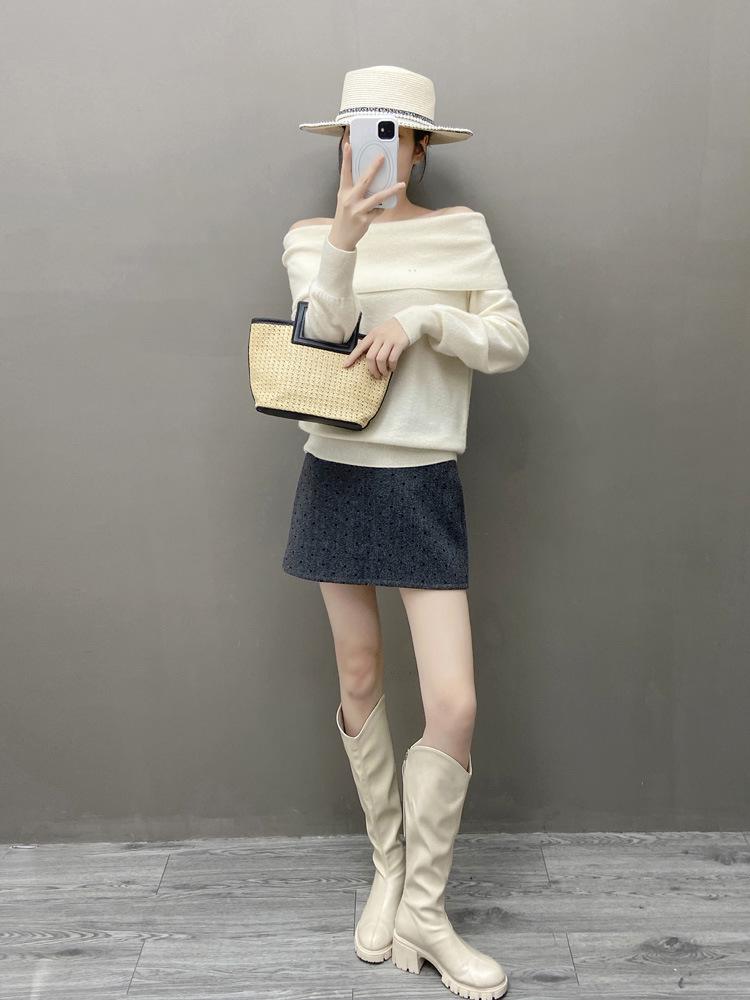 Women's Off-Shoulder Loose Cashmere Sweater - Autumn/Winter Knit Base Layer, Versatile Lazy Style Top