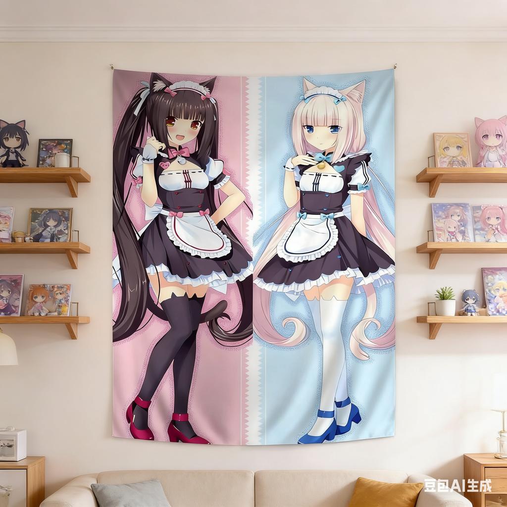 1Pc Kawaii Neko Maid Anime Wall Tapestry, Polyester 2D Print, Pastel Pink Blue Aesthetic Room Decor, Trendy Wall Hanging For Bed