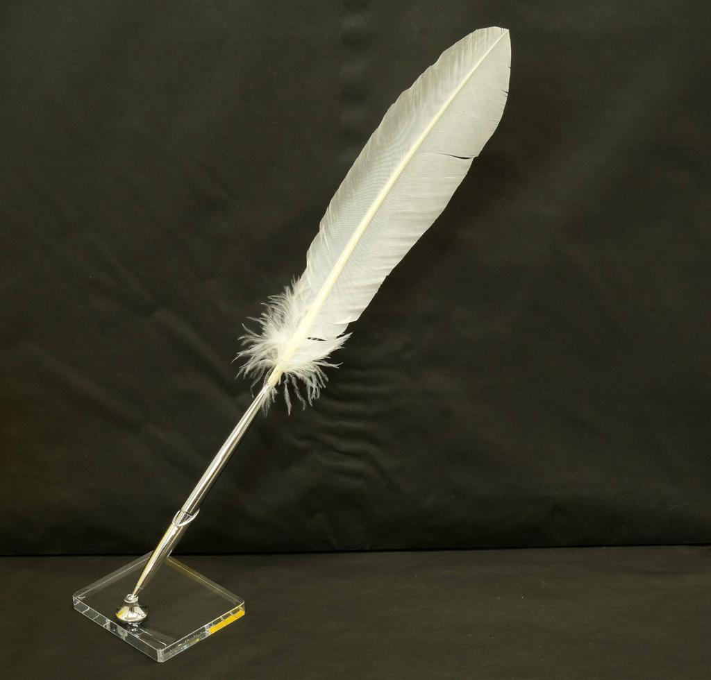 2er-Set Japanisch verarbeitete Truthahnfeder Messingscheibenstift Transparenter Acrylstifthalter mit silbernem Stifthalter Weiße Feder + Q-S6P2WT-2-W