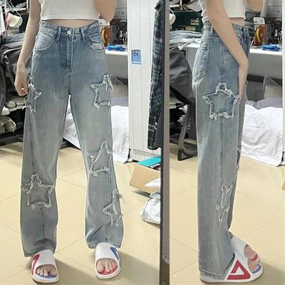 Blue Star Embroidered Jeans for Women New Loose Straight Wide Leg Denim Long Trouser