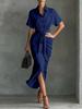 Women's Casual Dresses - Vintage Women Pleated Short Sleeve Button Down Shirt Dress Fashion