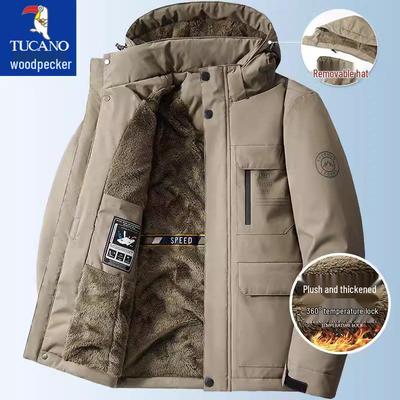 Woodpecker Men's Fleece-lined Winter Jacket - Thick, Warm, Casual Workwear for Middle-aged & Elderly