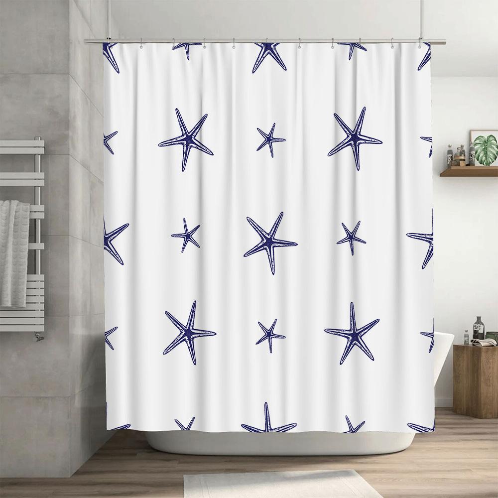 Delightful Starfish Printed Shower Curtain Luxury Blue 3D Pattern Waterproof Bathroom Decor Rectangular Shape, Size W72 x L84 In