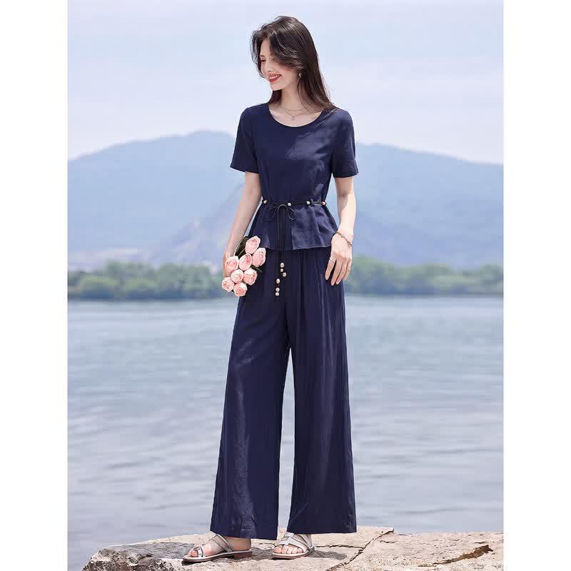 Women's Fashion Short Sleeve Top & Wide Leg Pants Set