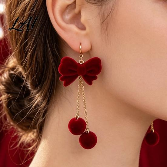 Christmas Gift for Her 1 Pair Velvet Bow Earrings Women Red Bowknot Dangle Drop Lightweight Alloy Ear Hooks with Ball Charm Jewelry New Year