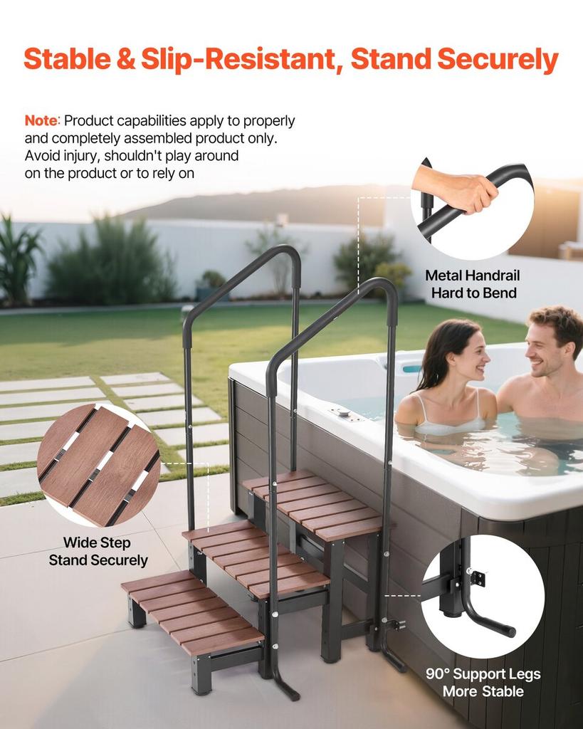 Hot Tub Step with Handrail, 3-Step Spa Outdoor Stairs, Heavy Duty 640.1 mm Wide Above-Ground/Inflatable Pool Ladder with 249.5 kg Weight Capacity,