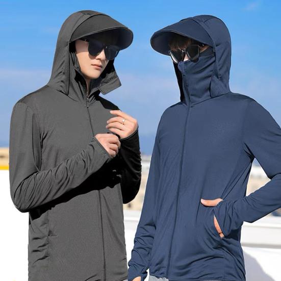 Herren Sommer Sonnenschutzmantel Mit Kapuze Dünn Atmungsaktiv Tasche UV-Schutz Einfarbig Langarm Sonnenschutzkleidung Radsportbekleidung