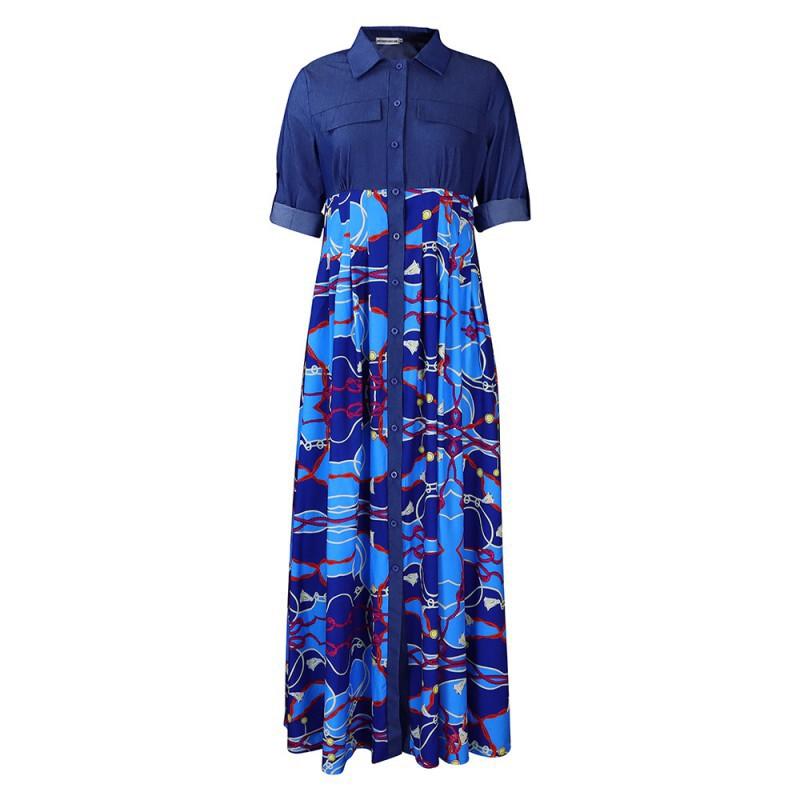

New Large Size Women s Clothing Fashionable Casual Denim Splicing Printed Long Dress Swing M