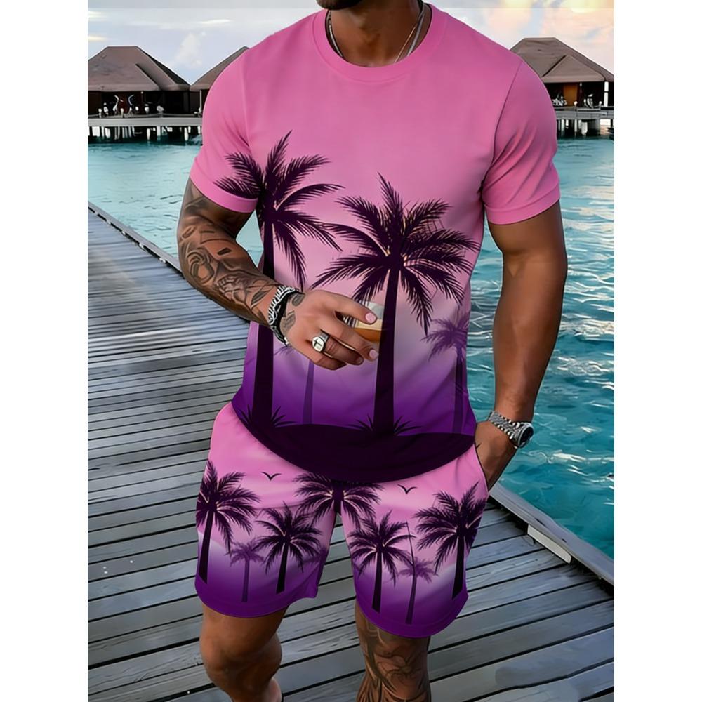 Popular Coconut Tree Printed T-shirt Sets Hawaii Style Tee Shorts Outfits Summer Vacation Two-piece Sets Hot Sell Men's Clothing