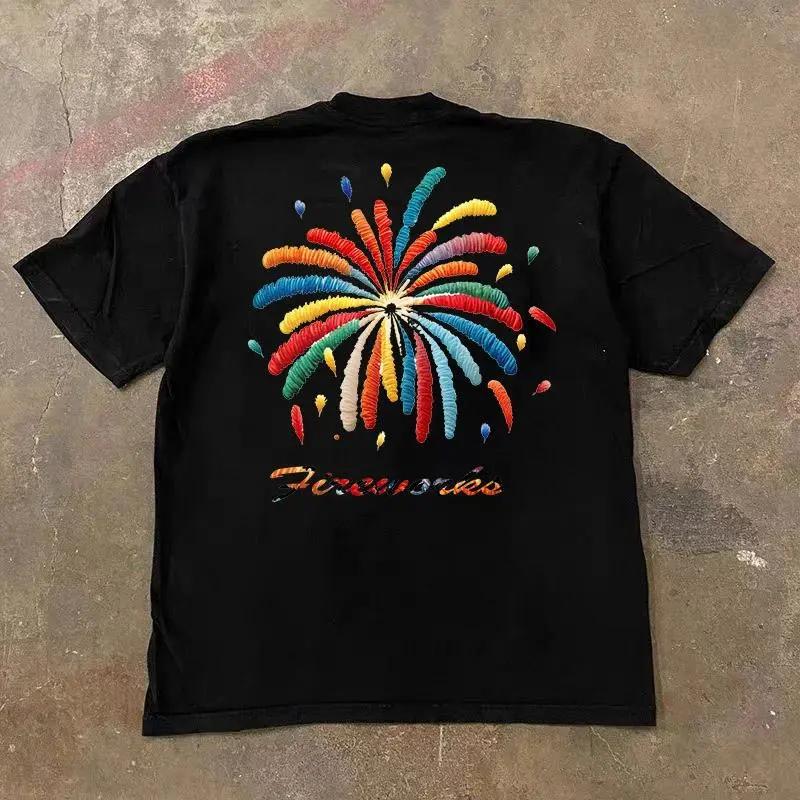 Men White Fireworks Embroidery Crew Neck Short Sleeve Oversized T Shirt