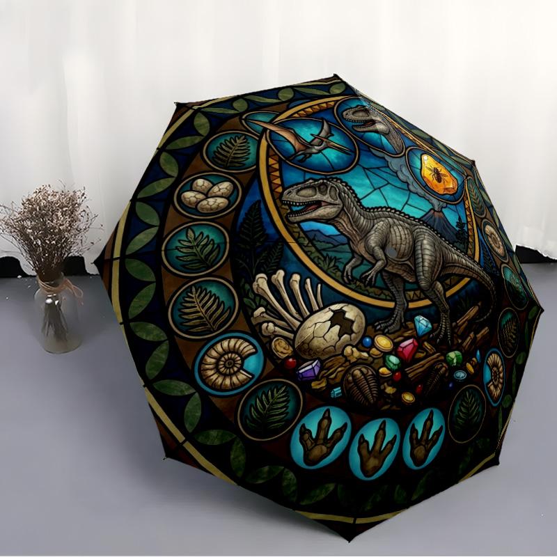 Dinosaur Glass Art Pattern Umbrella, Portable and Foldable Design, 8 Ribs, a Casual Accessory for Halloween, Christmas, and Birthday Gifts.