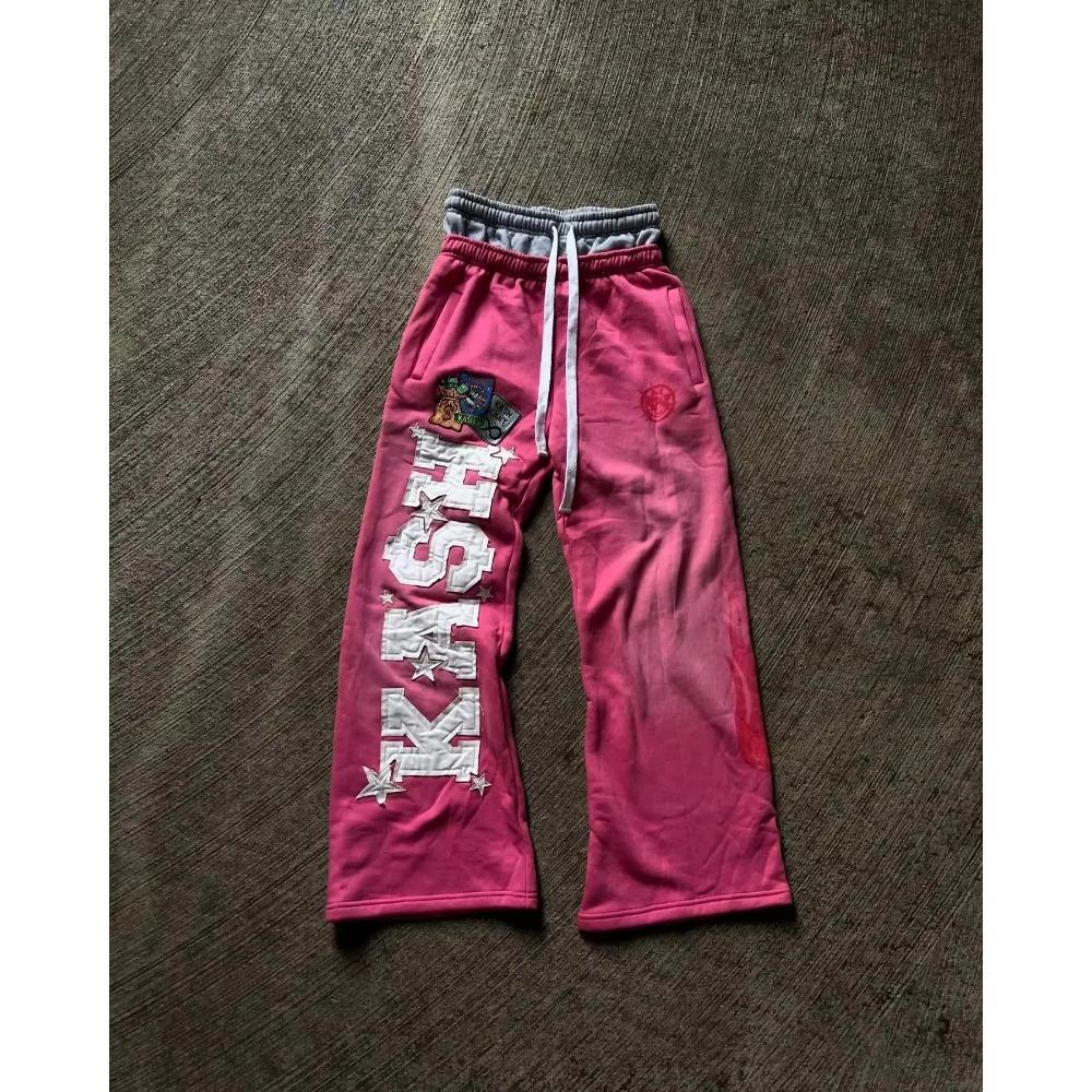 

Американские нашивки с буквами в стиле ретро, двухслойный дизайн, брюки Y2K, мешковатые спортивные штаны для мужчин, готические хип-хоп, эластичная резинка на талии, повседневные брюки для бега S