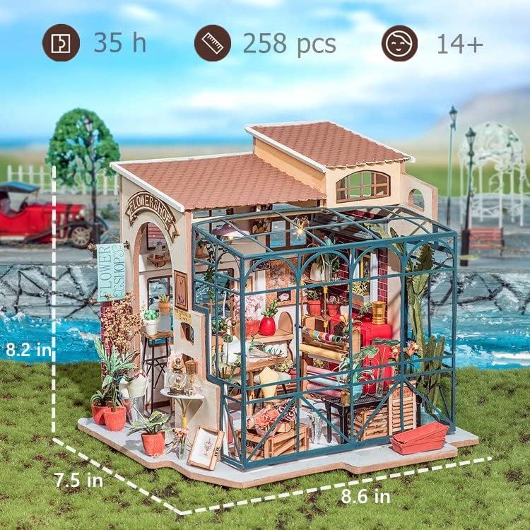 

Robotime Mini House DIY Dollhouse Kit with Furnitures Accessories 1:24 Scale Craft Kit Emily s Flower Shop