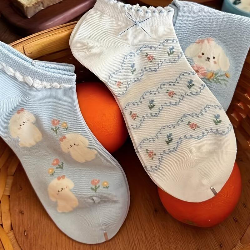 5 Pairs Cute Puppy Socks Women'S Summer Thin Short Socks Low Cut Shallow Mouth Lace Japanese Bowknot Boneless Non-Slip Mesh
