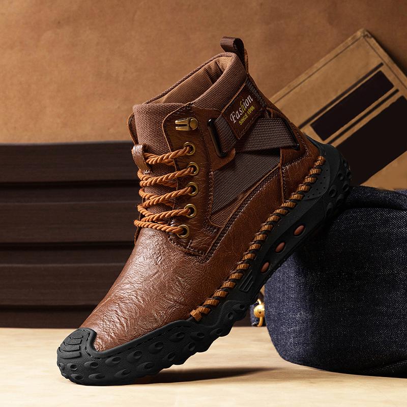Hand-stitching Leather Men Boots Split Leather Casual Leather Shoes Men Ankle Boots