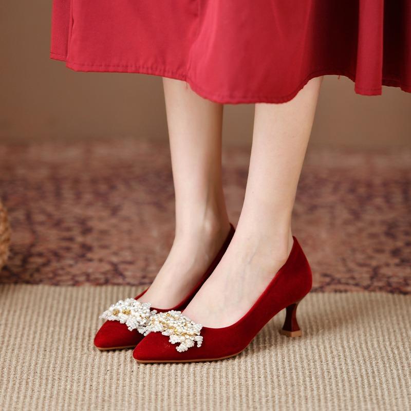 Red wedding shoes women's high heels stiletto champagne sequins bridal shoes wide fat feet large size women's shoes