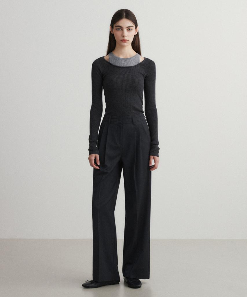 SUARE WOMEN Wool Double-Pleated Semi-Wide Slacks Charcoal