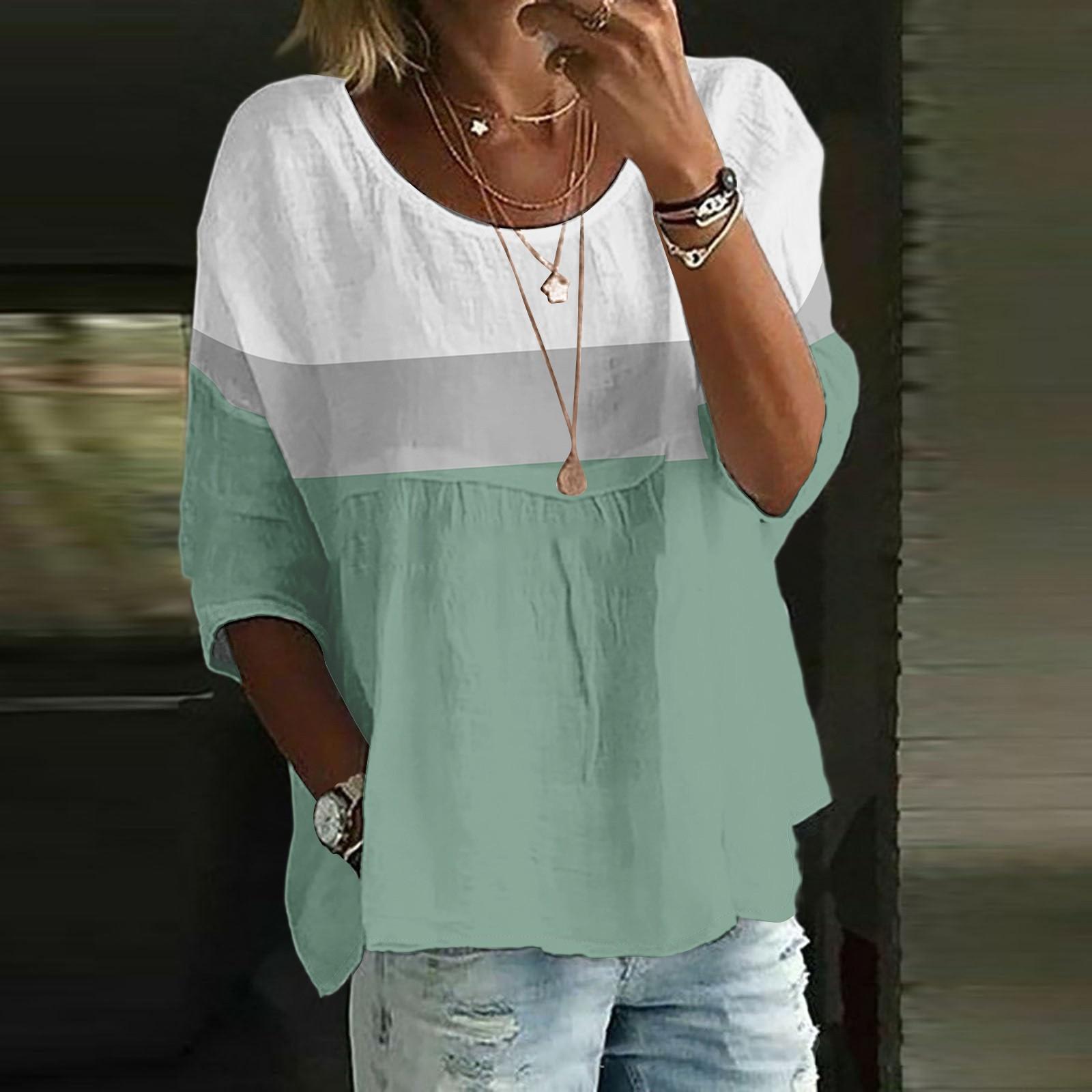 

Льняные рубашки для женщин с рукавом 3/4 на пуговицах с круглым вырезом летние топы нарядные повседневные милые рубашки L зелёный