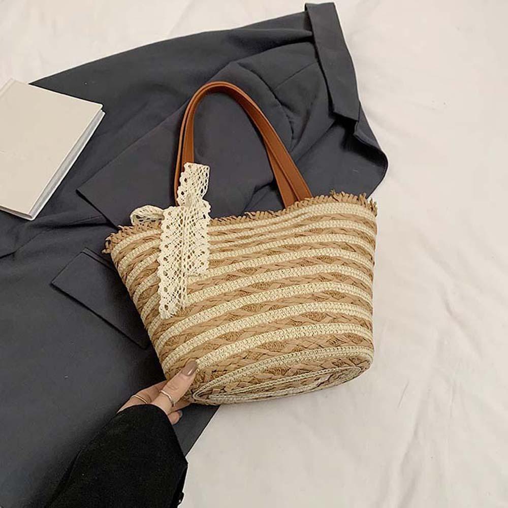 Ladies Stripe Straw Handbag for Vacation Beige Khaki Large Capacity Woven Tote Bag Women Summer Beach Underarm Bag
