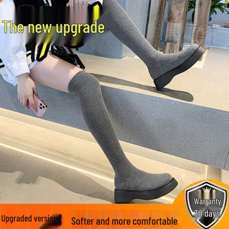 Damen 2025 Schwarze Overknee-Stiefel mit dicker Sohle, schlank, gestrickt, Stretch