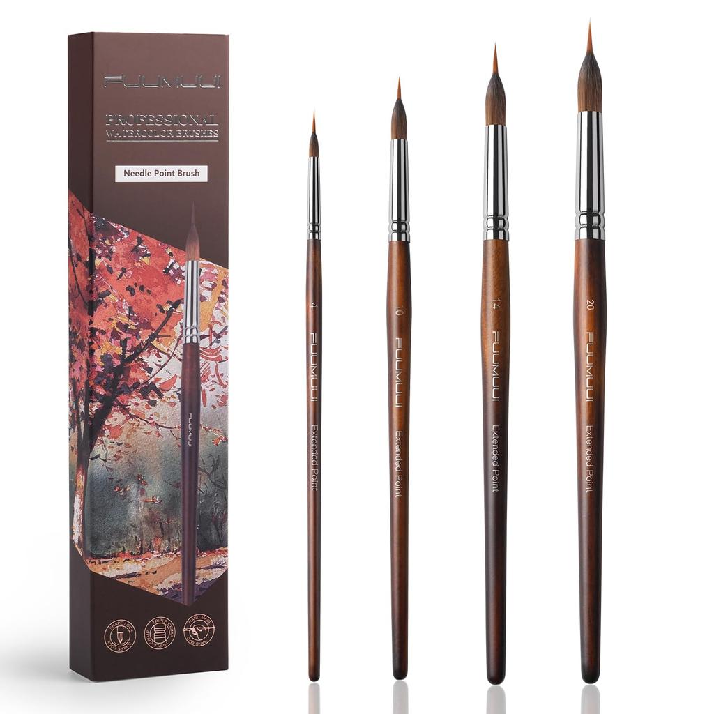 Kolinsky Sable Bristle Brush Set, 4-Piece Watercolor Brush Set with Extended Needle Tips, Synthetic Material Extra-Long Needle Tip Brushes, for Waterc