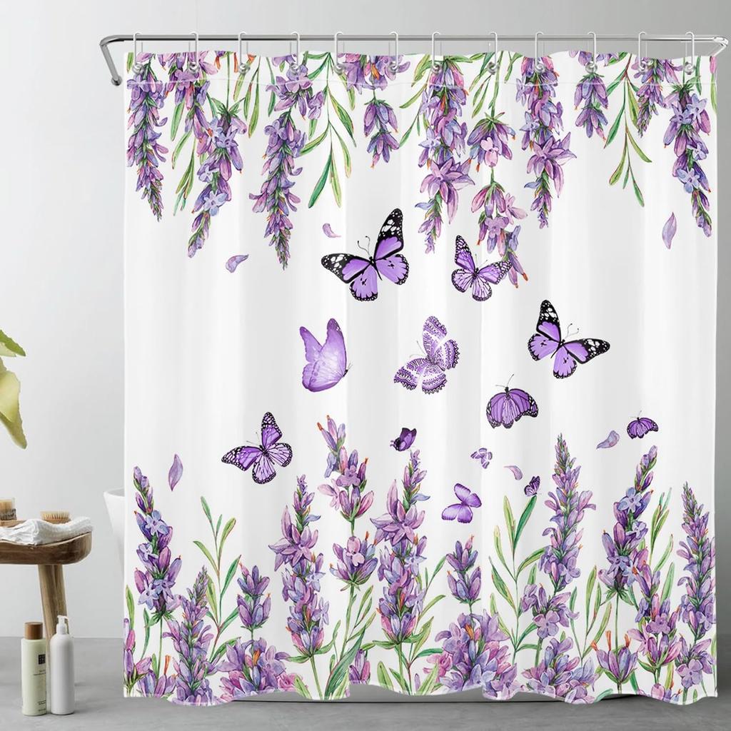 Purple Floral Shower Curtain Purple Lavender and Butterfly on White Shower Curtain for Bathroom, Rustic Flower Plant Shower Curtain Set Durable