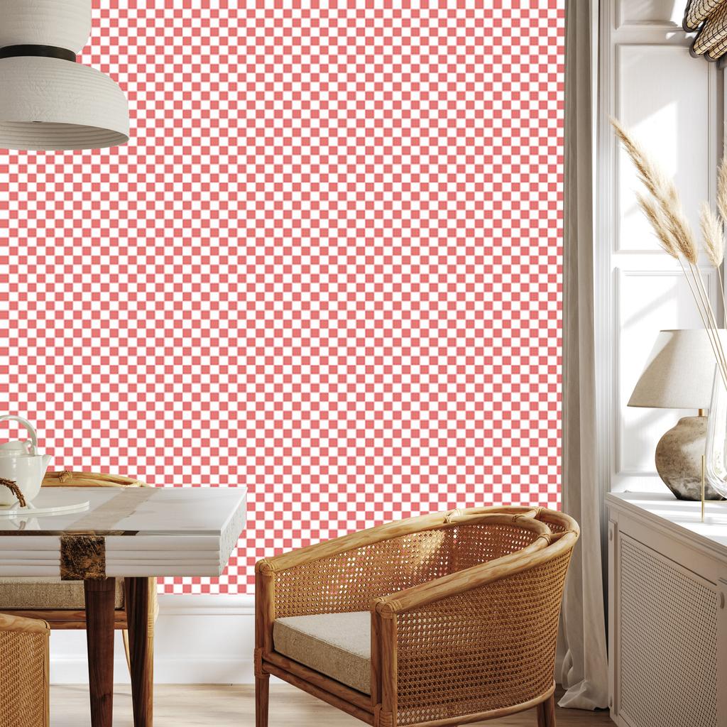 Checkerboard wallpaper, coral and white, subtle detail, 50x1000