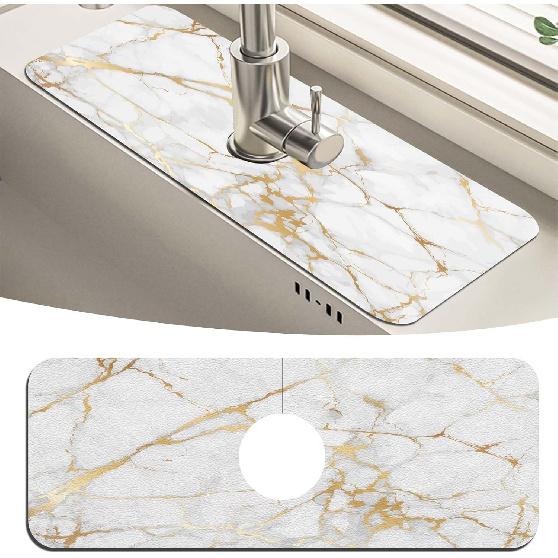 MCALK Marble White Kitchen Sink Faucet Mat Splash Guard, Absorbent Quick-Dry Kitchen Sink Mat - Ideal for Splash Guard & Drip Catching with Modern