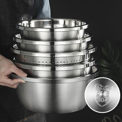5PCS 304 Stainless Steel Salad Bowl with Drain Basket Kitchen Mixing Bowls Set Vegetables Fruit Washing Storage Container