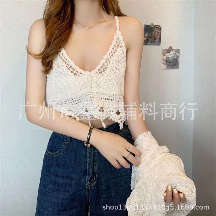 Neck small vest with chest pad, sling inside, shoulder-spilled backrest, hollow tube top, embroidered vest, women's summer short top