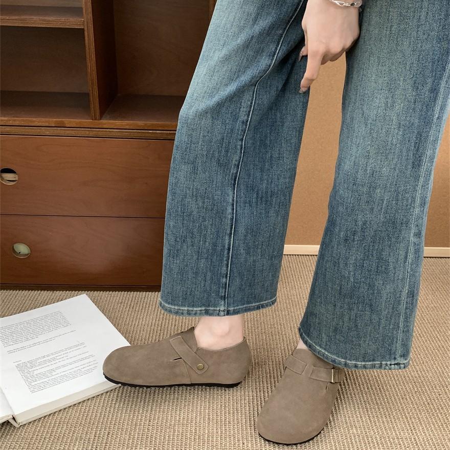 2025 Autumn and Winter New Leather Cow Velvet Outer Wear Full Bag Head Loafer Half Slippers Flat Bottom Loafer Single Shoes Women