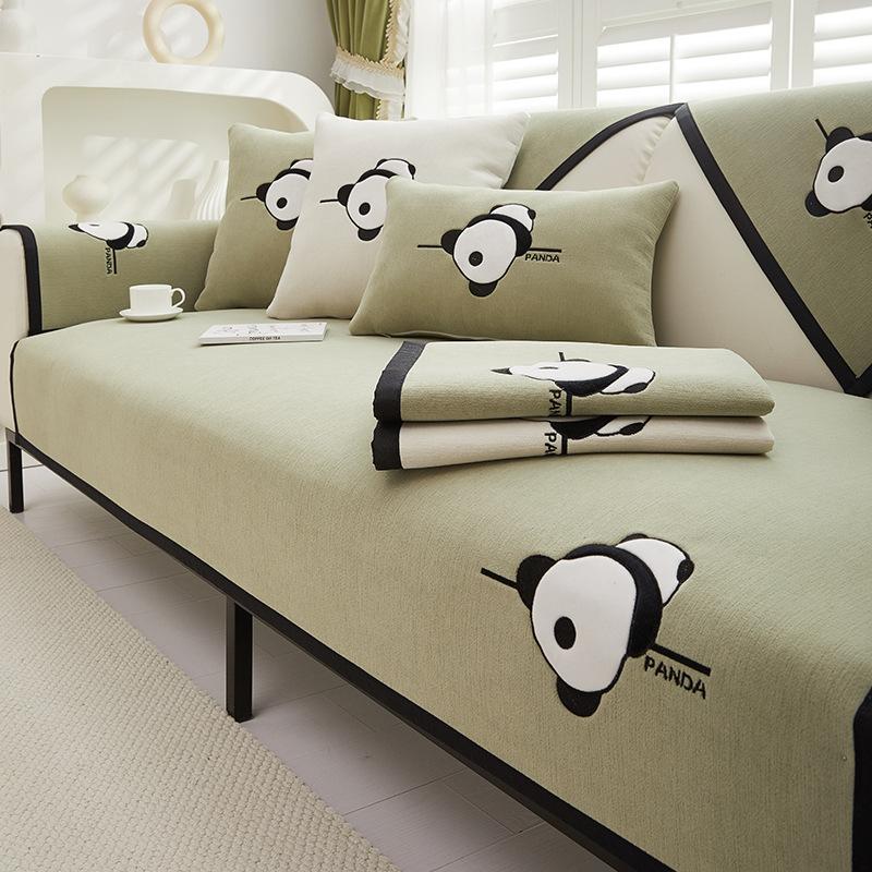 Panda Embroidery Sofa Cover for Living Room Sofa Towel Mat Non-slip Couch Cover Black Edge Sofa Towel Seat Pad Home Protection