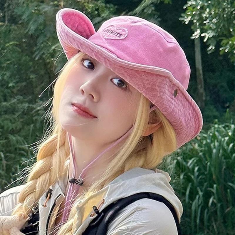 Japanese Retro Washed Cowboy Hats for Women Spring and Summer Outdoor Camping Sun Protection Sweet Pink Love Bucket Caps