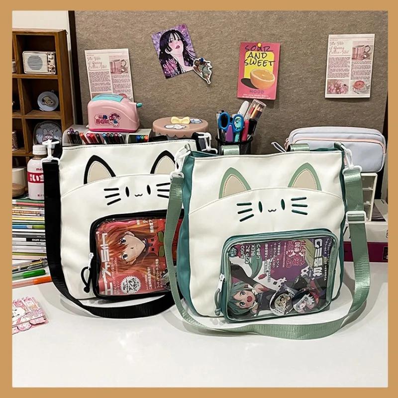 Y2K Cute Cat Ita Shoulder Bag Large Capacity Women Casual Crossbody Bag Kawaii Girl Transparent Pocket DIY Display Nylon Handbag