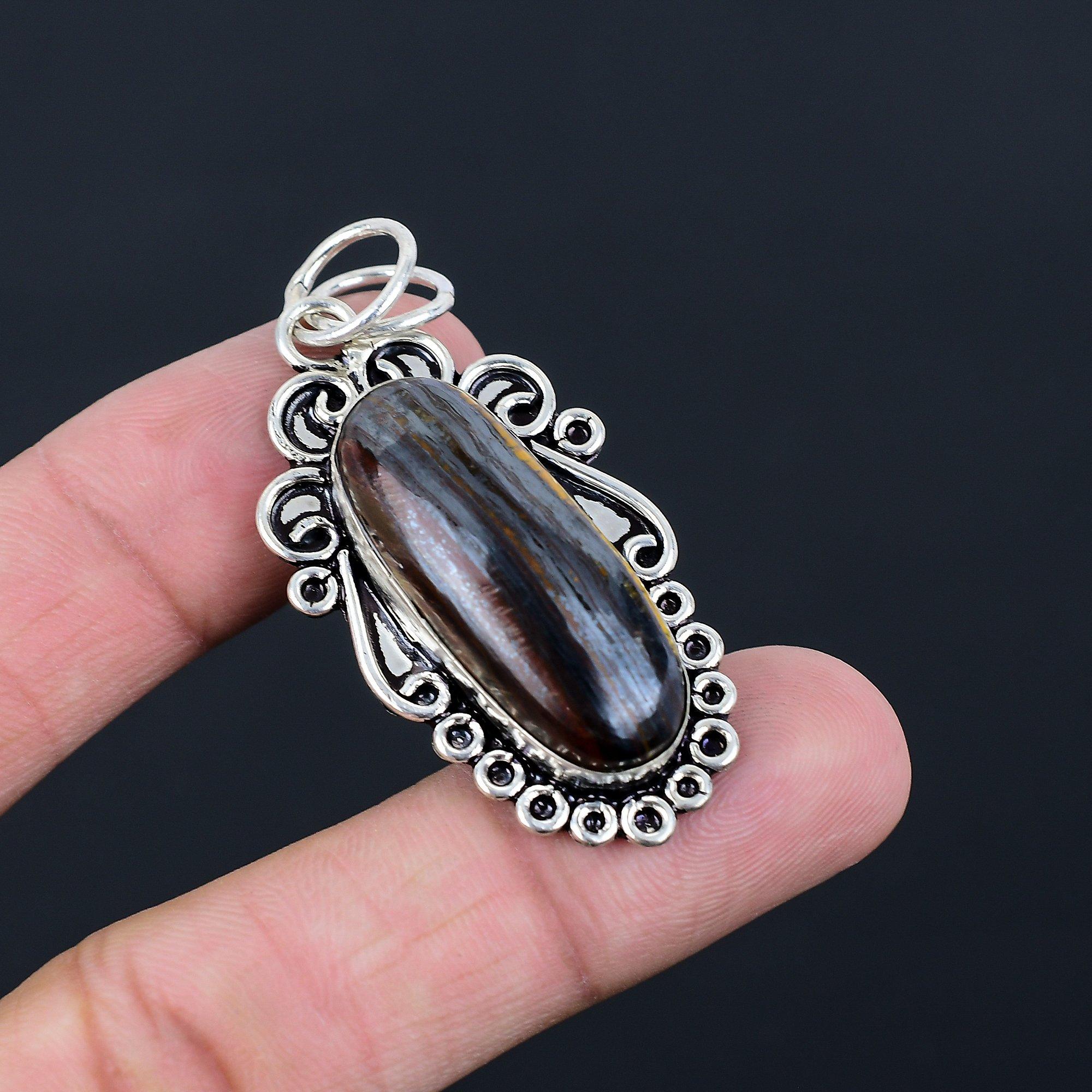 925 Sterling Silver Oval Iron Tiger Eye Stone Sister Anniversary Pendant Jewelry