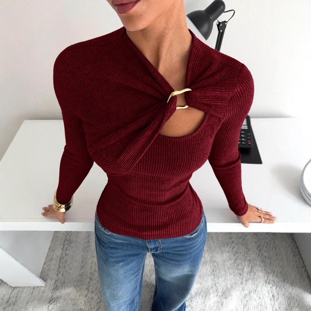 Women's Asymmetrical Hollow Metal Buckle Long Sleeve T-shirt - Solid Color, Autumn/Winter Style