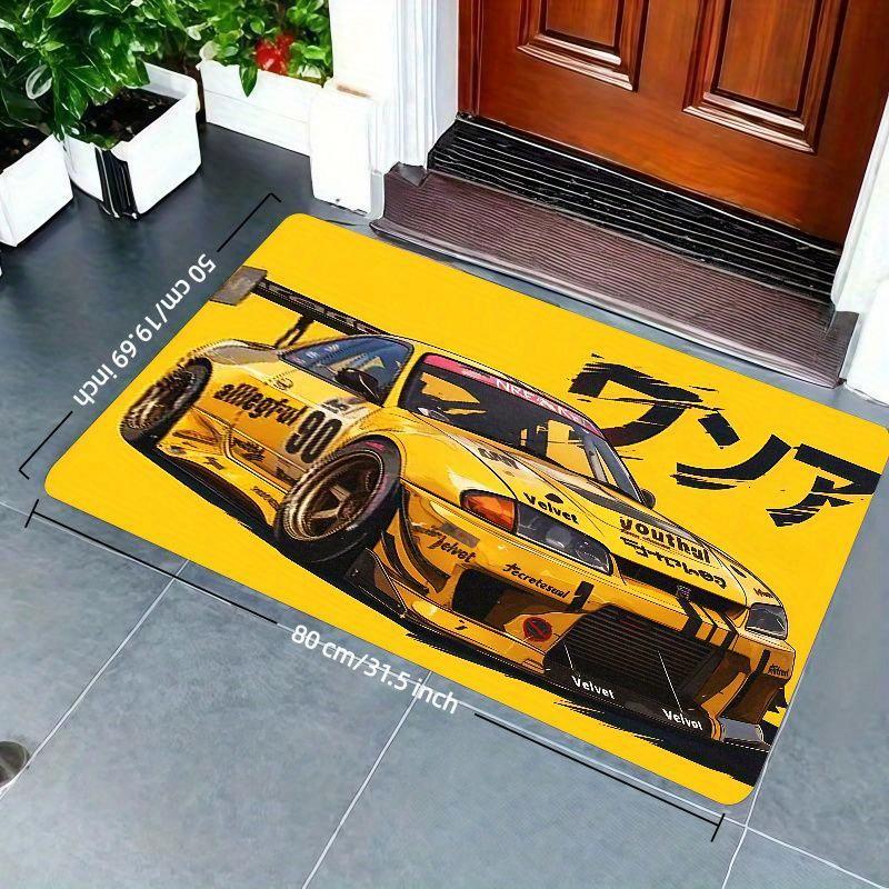 Japanese Street Racing Design Area Rug, for Living Room, Bedroom, Game Room Decor - Vibrant Yellow & Black Sports Car Art Mat